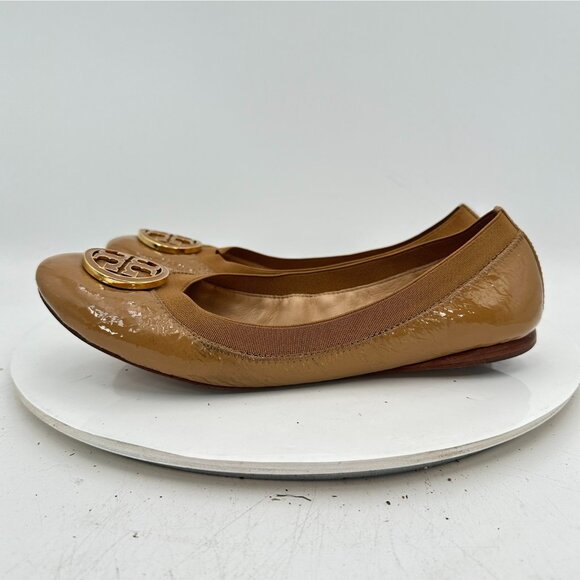 Tory Burch Caroline Women Size 8M Brown Patent Leather Elastic Ballet Flat Shoes - Picture 2 of 12